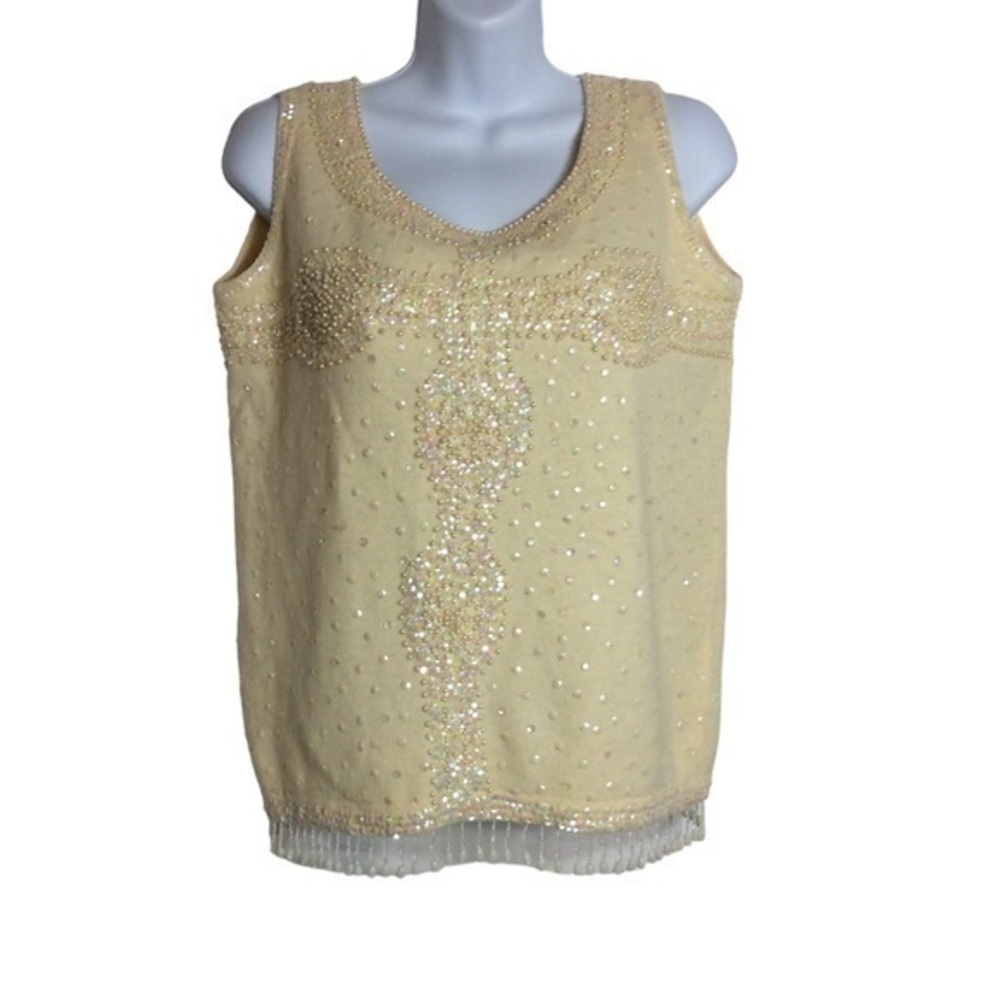Vintage 80s Sleeveless cream  wool sweater. Sequined and beaded. size 38